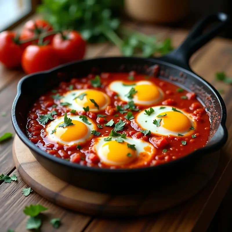 Sartén de hierro con shakshuka israelí: salsa espesa de tomate, pimiento y cebolla caramelizada, coronada con huevos escalfados y perejil fresco. Pimentón ahumado visible en la superficie, fondo rústico de madera.