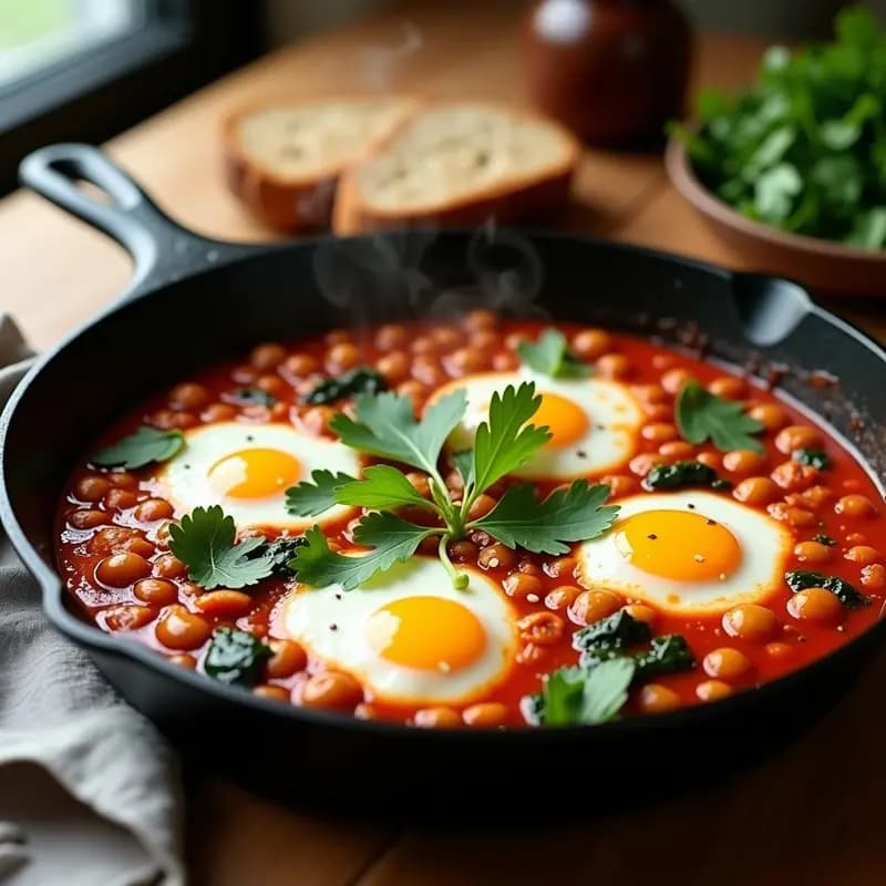 Sartén de hierro fundido con shakshuka israelí: salsa de tomate espesa con pimentón, garbanzos y espinacas, coronada por cuatro huevos escalfados con yemas líquidas. Decorada con cilantro fresco, tahini en hilos y semillas de sésamo. Plato vibrante y especiado, ideal para desayuno alto en proteína.