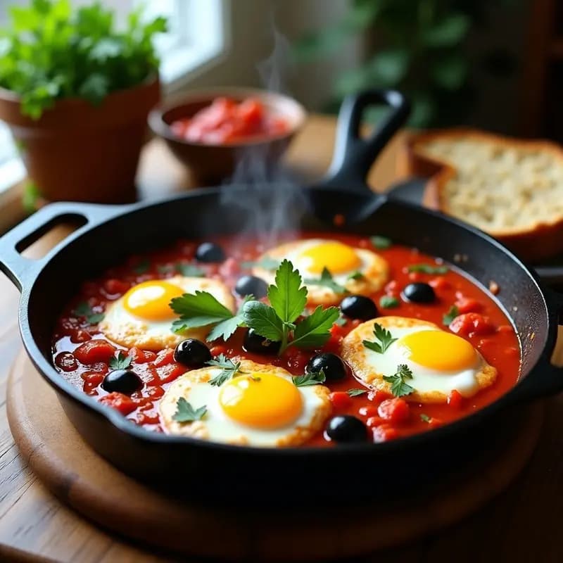 Plato hondo de cerámica blanca con shakshuka marroquí: salsa espesa de tomate y pimiento rojo con filetes de merluza dorados, espolvoreados con almendras fileteadas y hojas de hierbabuena fresca. Toque picante de harissa visible en la salsa.