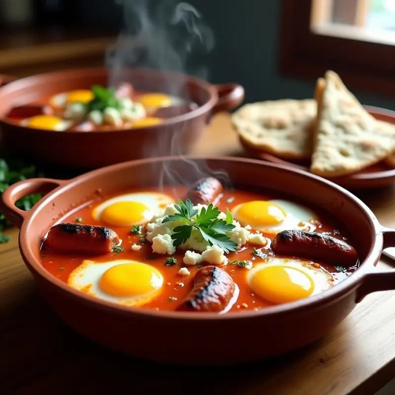 Sartén de hierro fundido con Shakshuka Marroquí con Mergez: huevos pochados en salsa de tomate espesa con trozos de salchicha picante mergez, pimientos rojos asados y perejil fresco espolvoreado.