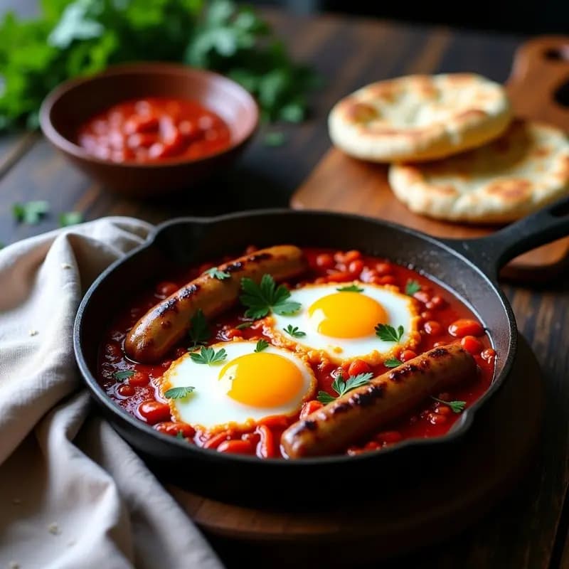 Sartén de hierro con shakshuka tunecina de salchichas de cordero doradas, huevos poché con yemas líquidas, salsa de tomate especiada y pan de pita integral tostado al lado, decorado con perejil fresco.
