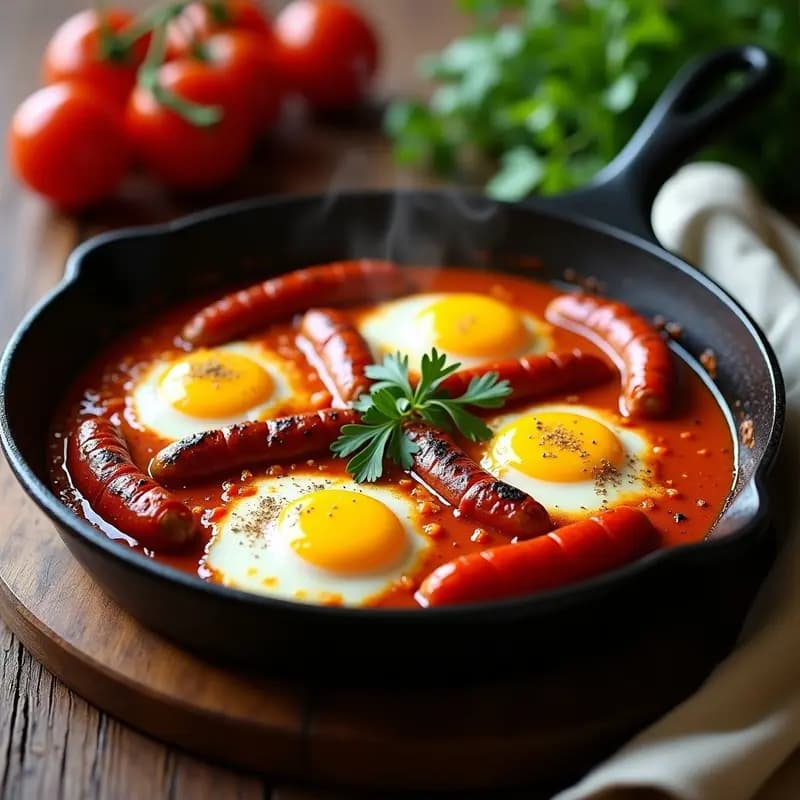 Sartén de hierro fundido con shakshuka tunecina: huevos pochados sobre una salsa espesa de tomate, pimientos rojos asados y rodajas de salchichas merguez, decorada con perejil fresco y especias. Plato vibrante con toques picantes y colores intensos.