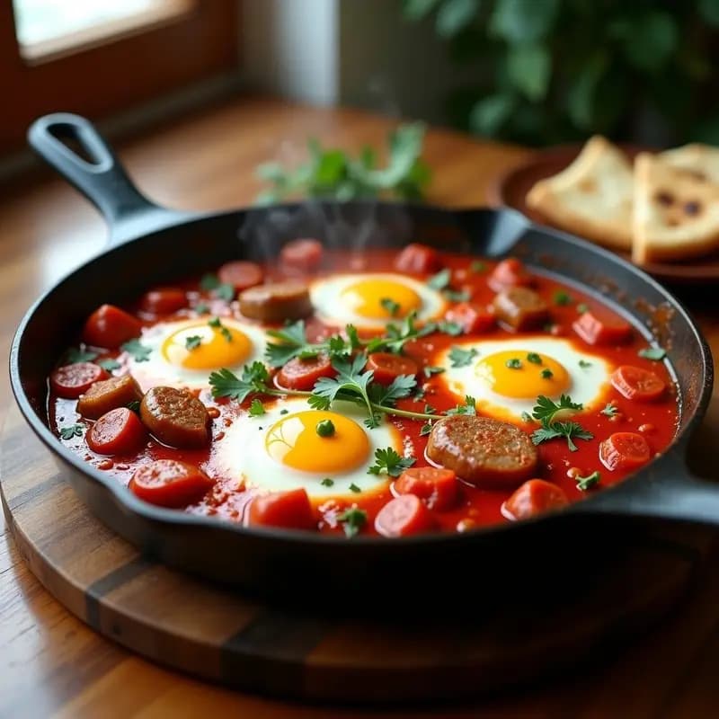 Sartén de hierro fundido con shakshuka humeante: huevos camperos sobre salsa de tomate espesa con rodajas de salchichas Merck doradas y pimientos rojos asados, decorada con perejil fresco. Desayuno tunecino con toque español.