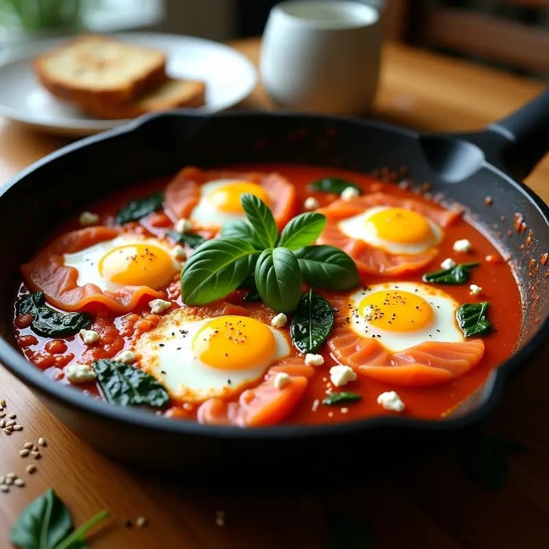 Sartén de hierro con Shakshuka de Salmón Ahumado, huevos pochados sobre salsa de tomate espesa con espinacas, láminas de salmón ahumado y queso feta desmenuzado. decorada con perejil fresco y pimentón ahumado.