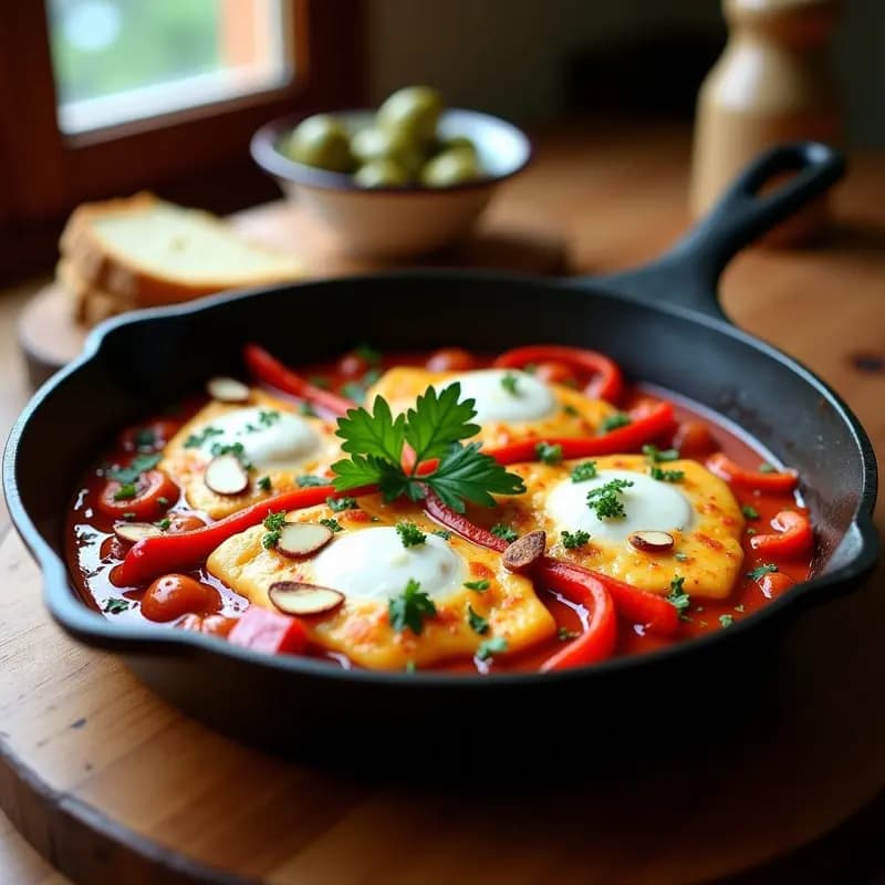 Sartén de hierro fundido con shakshuka tunecina de merluza y pimentones asados, trozos de pescado blanco en salsa de tomate espesa con tiras de pimiento rojo, espolvoreada con perejil y almendras tostadas. Plato colorido y saludable para desayuno.