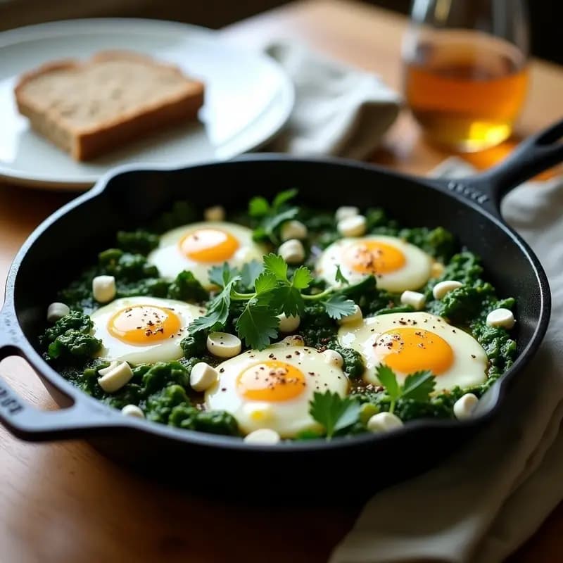 Sartén de hierro con Shakshuka Verde: espinacas salteadas con especias, huevos escalfados y queso feta desmenuzado, decorada con hierbas frescas y semillas de sésamo. Desayuno tunecino rápido y nutritivo.