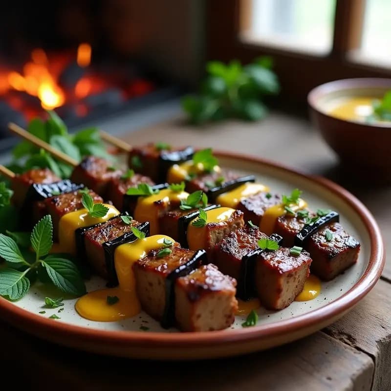 Brochetas de shashlik uzbeko con trozos dorados de cordero y rodajas de berenjena asada, servidas en plato de barro con perejil fresco y salsa de mostaza, fondo de parrilla humeante.