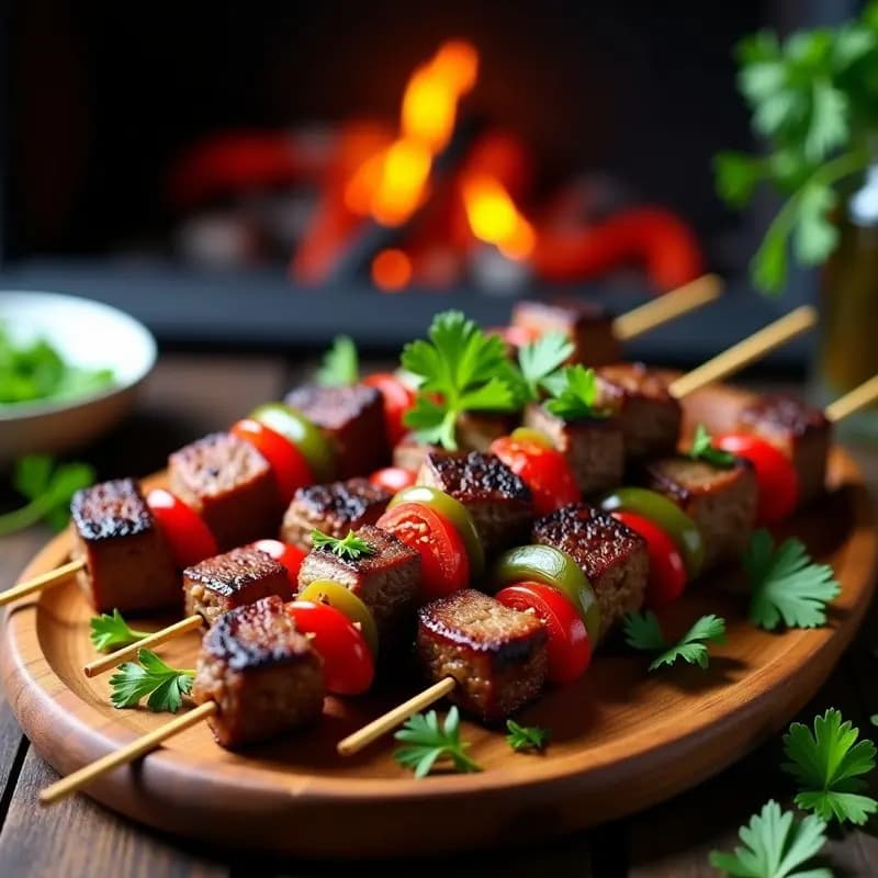 Brochetas de shashlik de cordero con trozos dorados de carne, pimientos rojos y verdes asados, y capas de cebolla morada caramelizada, servidas en una fuente de madera con hierbas frescas. Receta rusa a la parrilla y sin lactosa.
