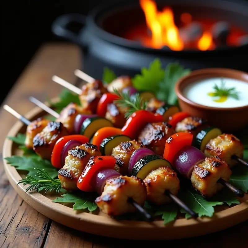 Brochetas de shashlik de cordero con trozos dorados y verduras asadas (pimiento rojo, cebolla morada y calabacín) en un plato de madera rústico, acompañadas de un bol de salsa de yogur cremosa con eneldo. Receta rusa en grill con fondo de carbones encendidos.