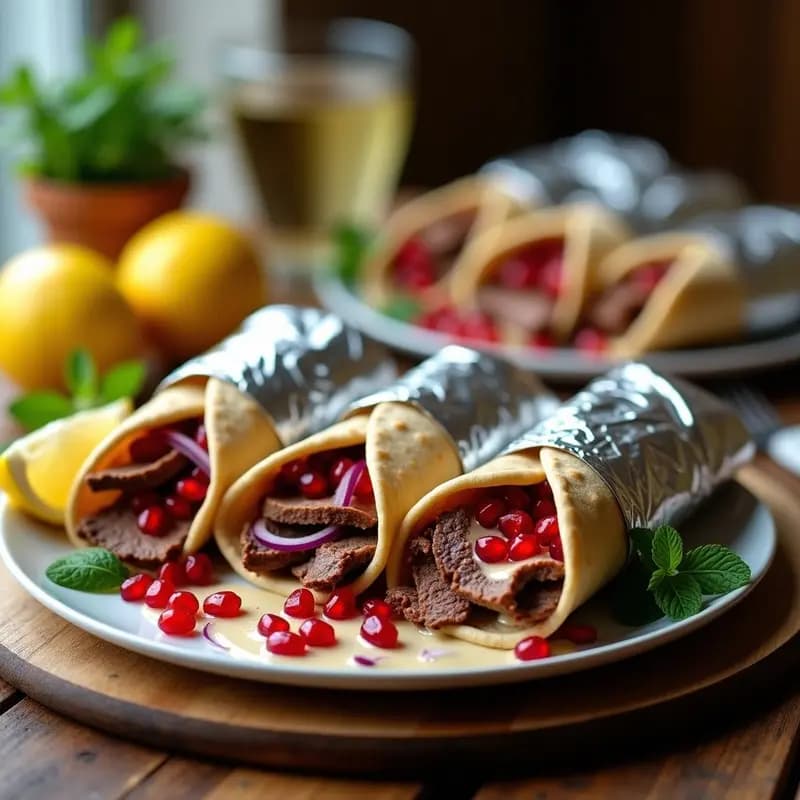 Tupper transparente con shawarma de falda en trozos, cebolla morada, pepino, semillas de granada y salsa de tahini cremosa, decorado con menta fresca. Receta de Oriente Medio lista para llevar.