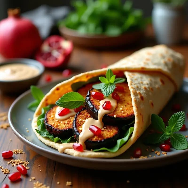 Bandeja de horno con shawarma de garbanzos y berenjena al horno, dorados y crujientes, decorados con perejil fresco y semillas de sésamo. Receta árabe vegana y alta en proteína.