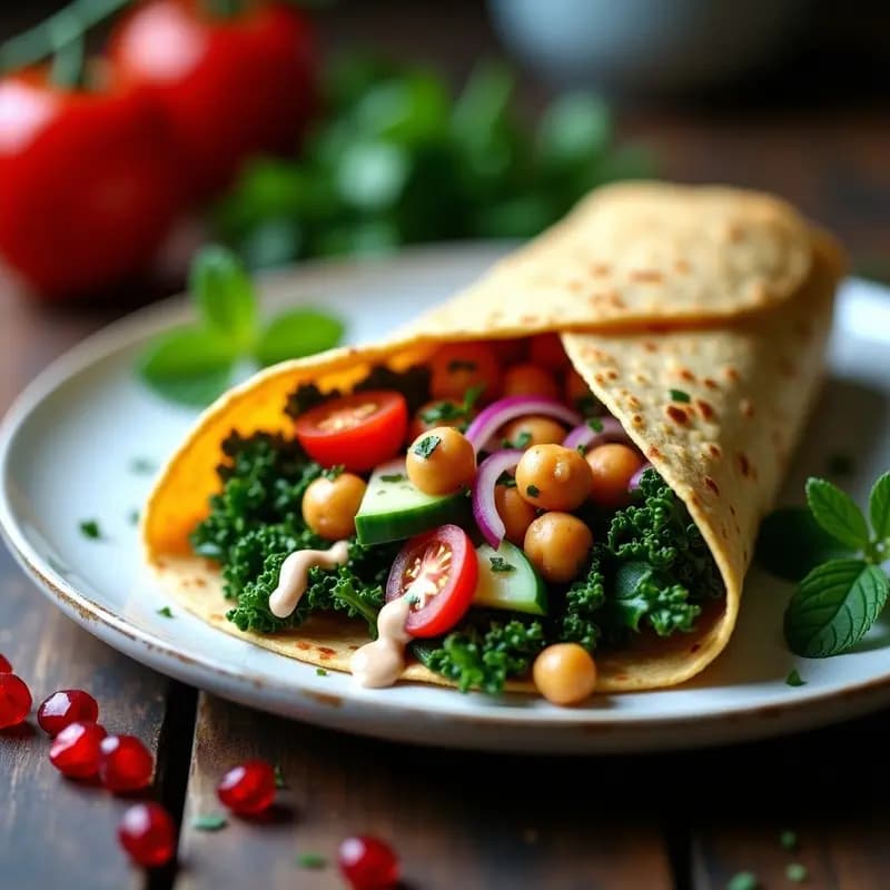 Wrap de lino dorado relleno de garbanzos crujientes especiados, col rizada fresca, cebolla morada, tomate, pepino, semillas de granada y salsa de tahini, servido en plato blanco rústico con hierbas frescas. Receta de shawarma árabe vegano.