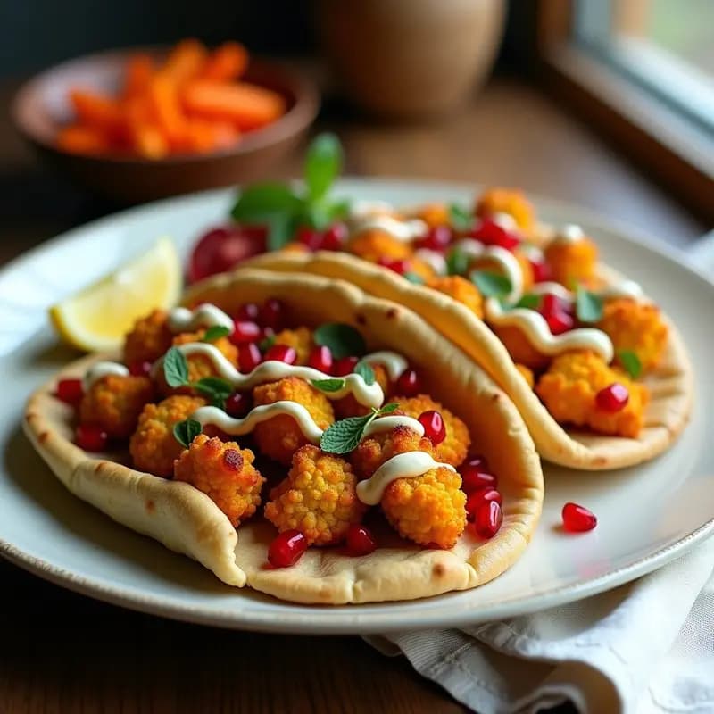 Plato de shawarma vegano de garbanzos y coliflor asados, dorados y especiados, servidos en pan de pita con salsa de tahini, semillas de granada y hojas de menta fresca. Receta árabe vegana alta en proteína.
