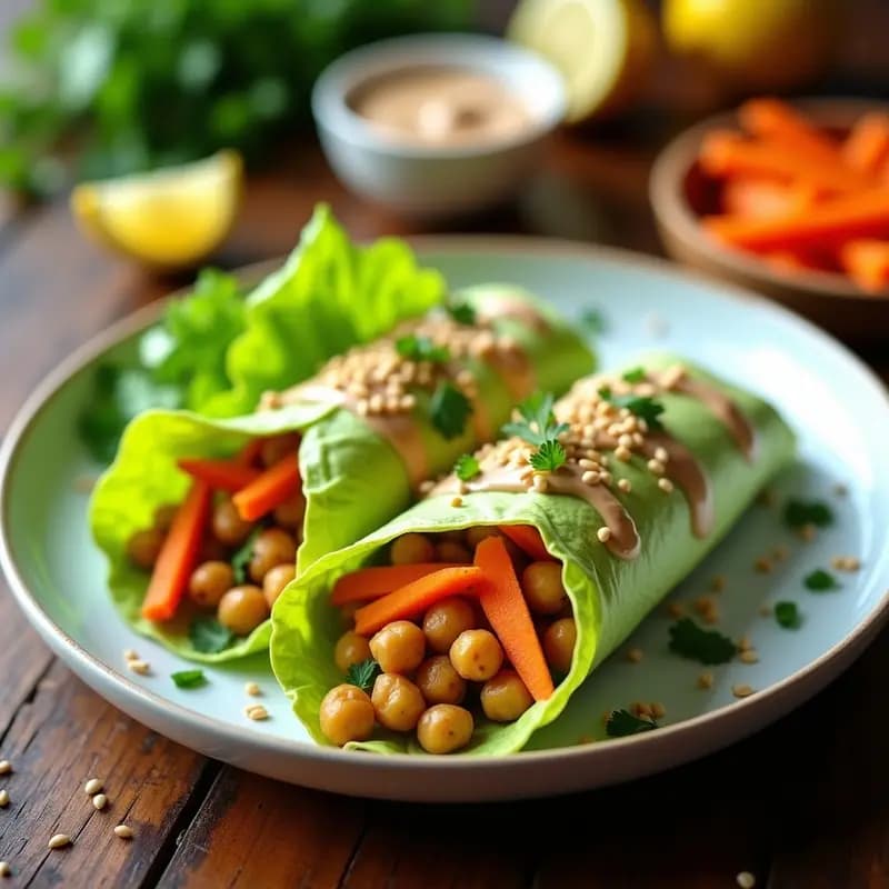 Plato crudivegano de shawarma de garbanzos y zanahoria envuelto en hojas de lechuga romana, con salsa de tahini y semillas de sésamo, sobre fondo de madera rústica.