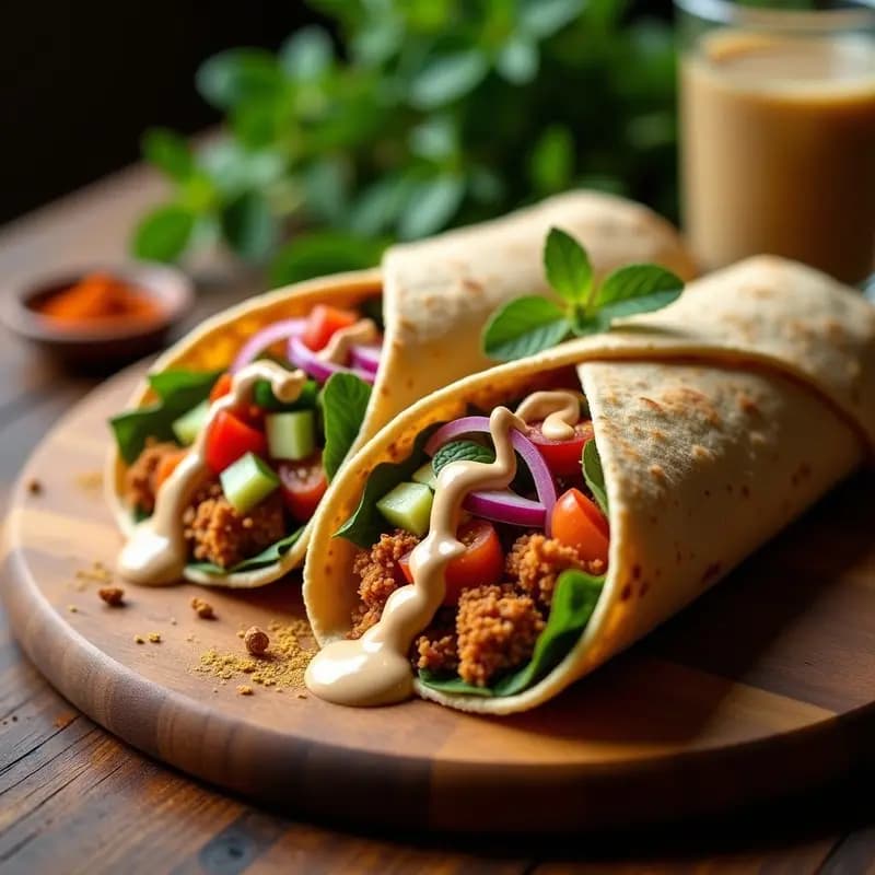 Plato de shawarma de jackfruit con salsa de tahini: pan de pita integral relleno de tiras doradas de jackfruit especiado, acompañadas de salsa cremosa de tahini, pepino, tomate, cebolla morada y menta fresca, servido en una tabla de madera rústica con especias esparcidas al fondo.