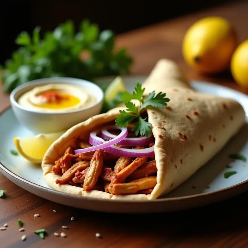 Plato de shawarma de pollo al estilo libanés en olla lenta, con tiras de pollo dorado y jugoso sobre pan de pita integral, acompañado de hummus cremoso, cebolla morada, pepino, tomates cherry y hojas de menta fresca. Receta árabe tradicional con especias.