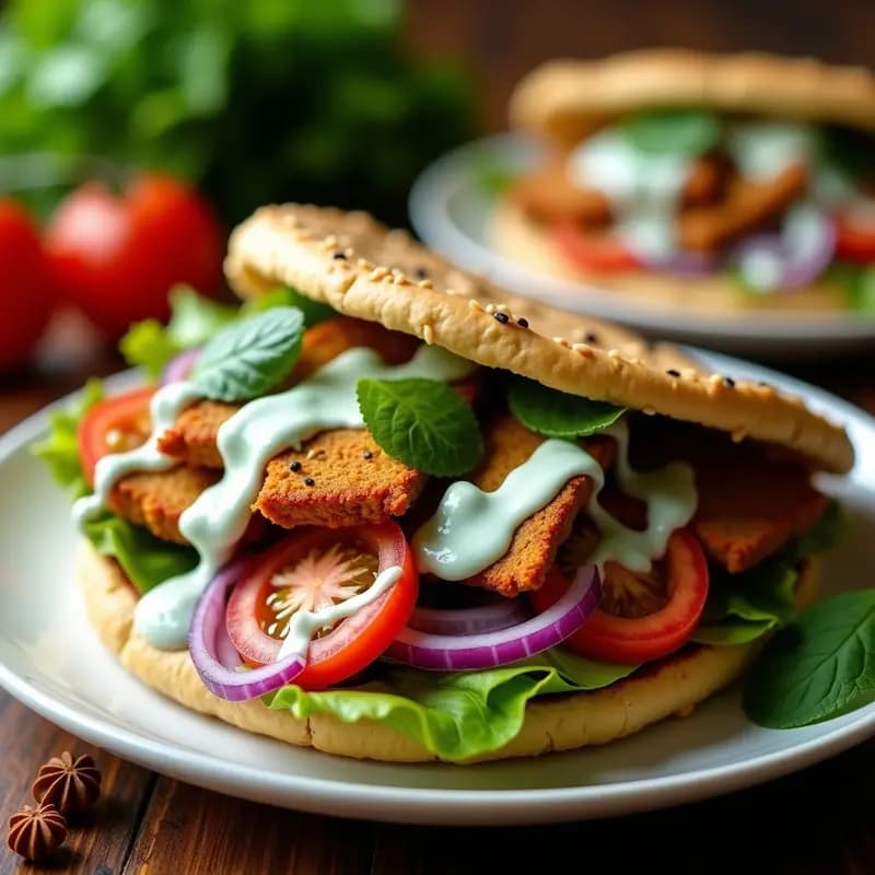 Sándwich integral de pita relleno de tiras doradas de pollo shawarma con especias baharat, acompañadas de cebolla morada, tomate, pepino y lechuga, bañado en salsa cremosa de yogur y menta. Plato servido en un mantel rústico con especias al fondo.