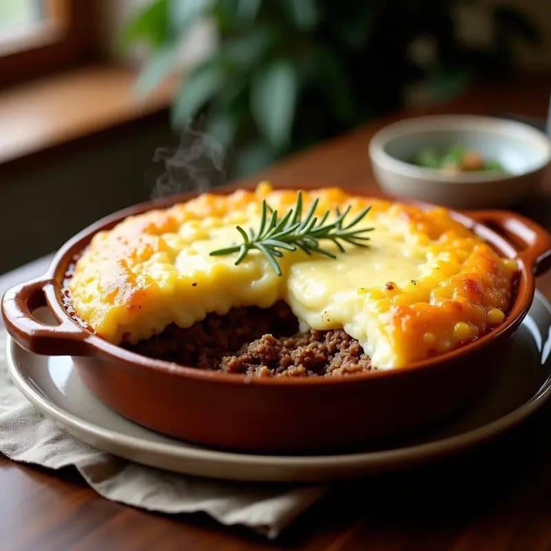 Shepherd’s Pie británico keto con puré de coliflor dorado y queso fundido, servido en fuente de cerámica blanca sobre mesa de madera rústica.