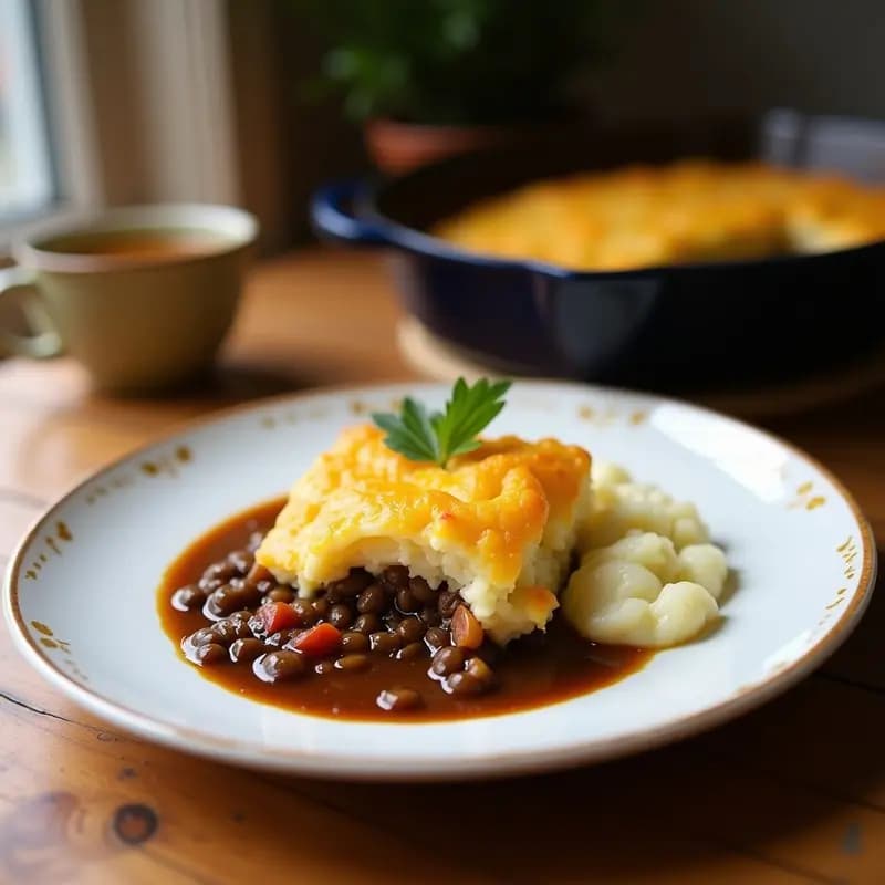 Shepherd’s Pie keto en molde de barro con capas visibles: base de lentillas estofadas con verduras y especias, cubierto de puré de coliflor dorado y gratinado con queso parmesano. Decorado con perejil fresco y servido con cuchara de madera.