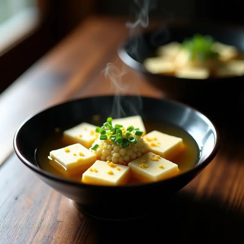 Cuenco de porcelana blanca con Shiba Tofu en caldo de Kombu transparente, cubos de tofu sedoso, cebollino picado, semillas de sésamo y rakkyo encurtido al lado. Plato japonés vegano y depurativo con fondo minimalista.