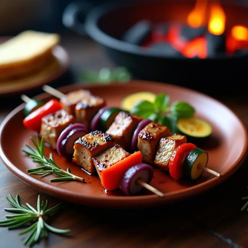 Brochetas de Shish Kebab de cordero y verduras asadas en grill, con trozos dorados de pimiento rojo, cebolla morada y calabacín, marinados con especias aragonesas como azafrán y pimentón, servidas en plato de barro rústico con fondo de brasas.