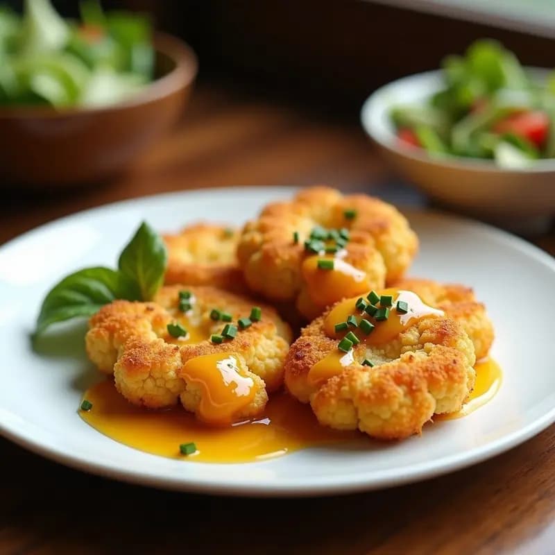 Shnitzel de coliflor dorado y crujiente servido en plato blanco con salsa de mostaza y miel, decorado con cebollino fresco. Receta alemana keto en airfryer.