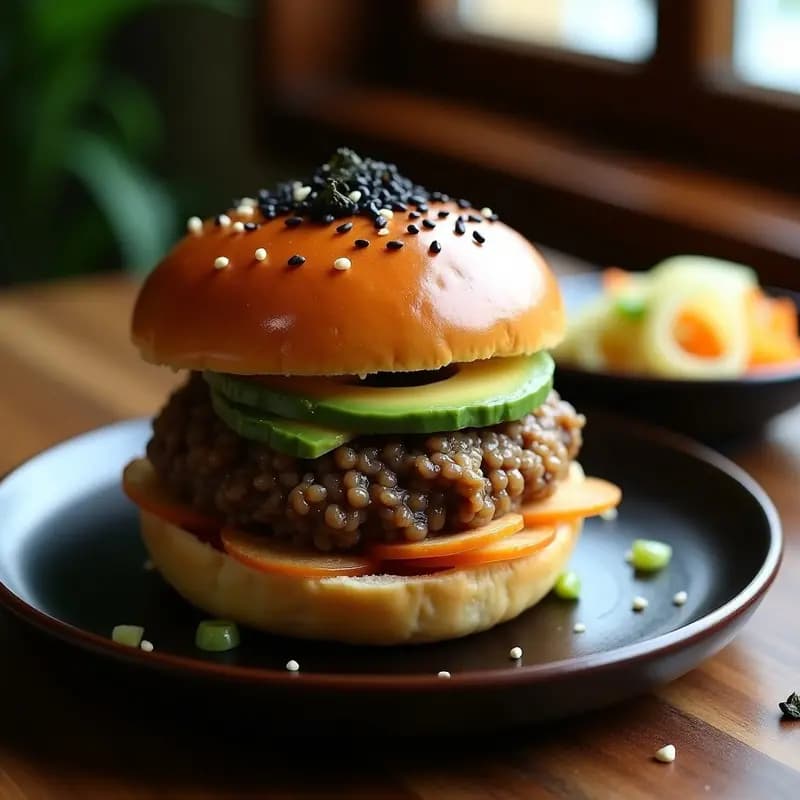 Hamburger Shojin Ryori vegana con pan de arroz dorado, rellena de hamburguesa de hongos shiitake y tofu, rodajas crujientes de loto, algas nori y semillas de sésamo negro, servida en plato de cerámica oscura con fondo minimalista.