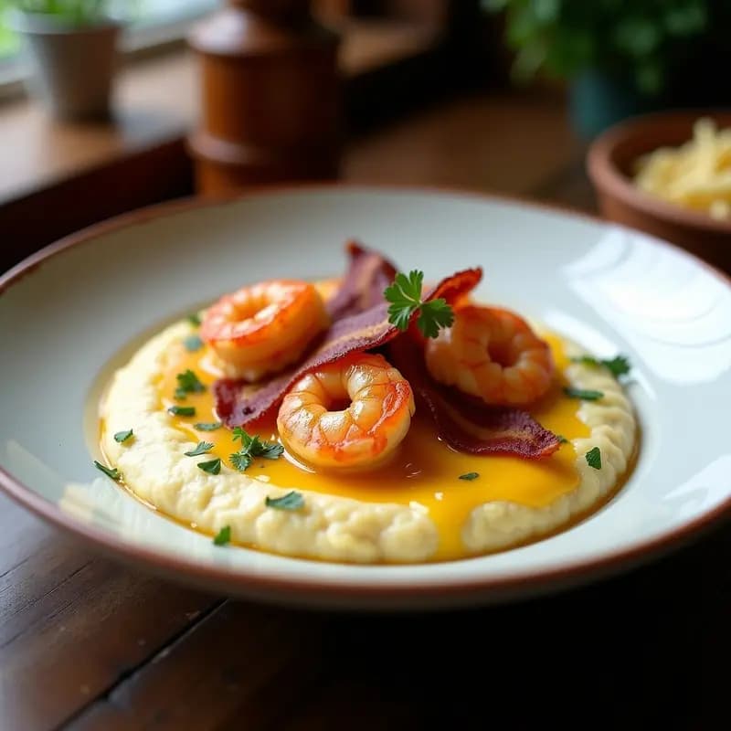 Plato hondo de cerámica blanca con Shrimp and Grits: grits cremosos con queso Gouda ahumado derretido, camarones salteados en especias Cajún y tiras de bacon crujiente encima. Decorado con perejil fresco y un toque de pimienta negra sobre fondo rústico de madera.