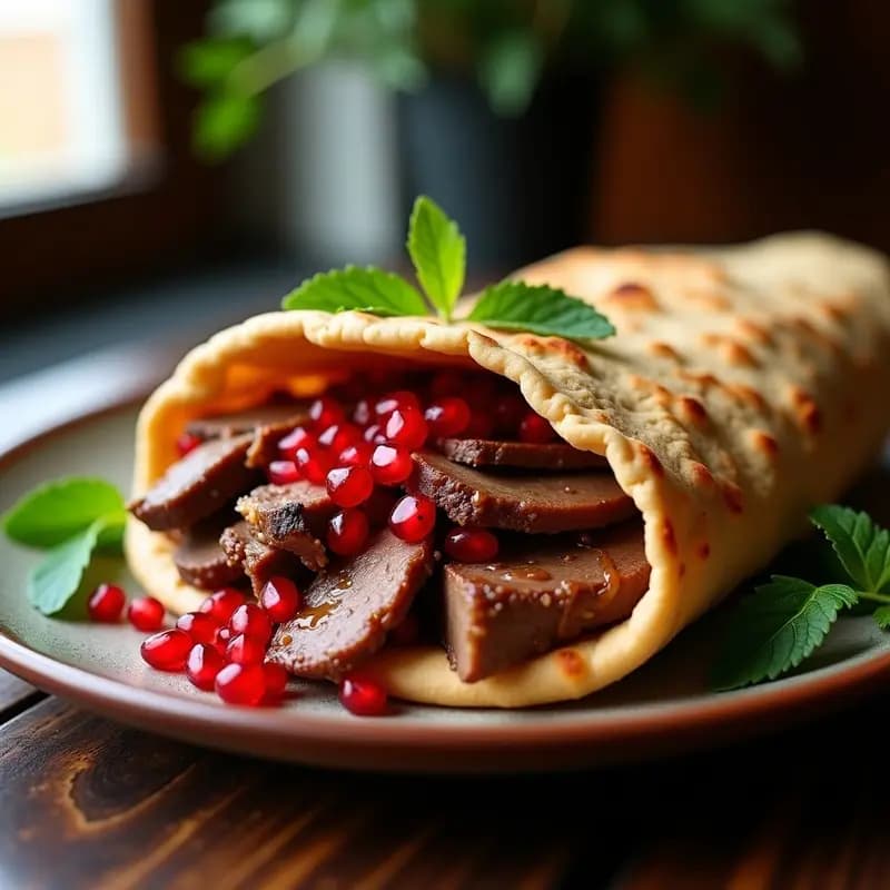 Plato de shwarma de cordero libanés en pan pita integral, relleno de tiras de cordero jugoso, cebolla morada y salsa cremosa de granados con semillas rojas. Servido en un plato de barro con hierbas frescas.