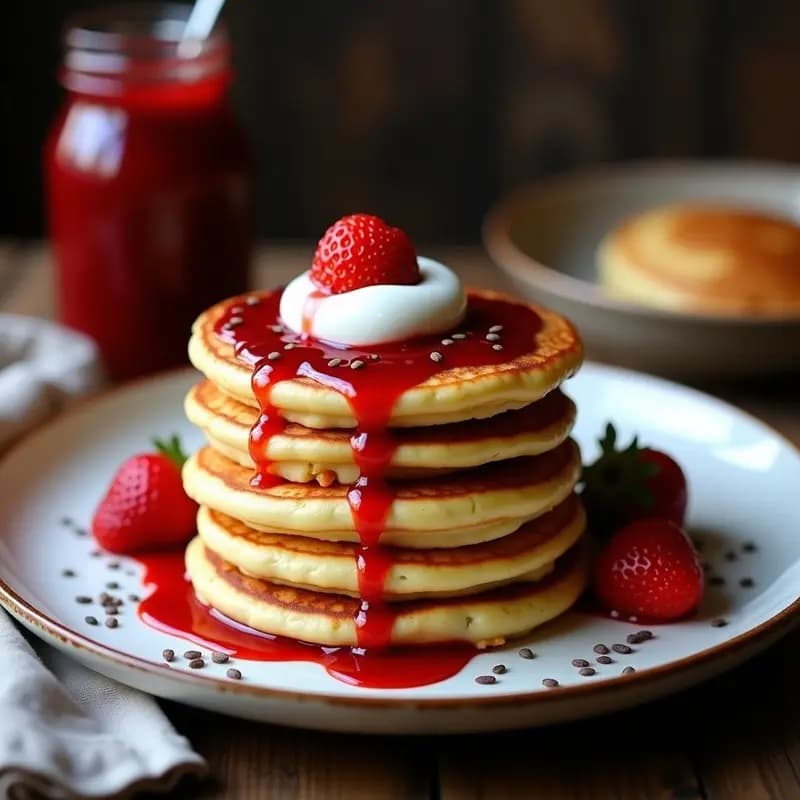 Plato blanco con seis pancakes rusos sirniki dorados y esponjosos, apilados en dos montones, coronados con mermelada de fresa brillante y un hilo de crema agria. Fondo rústico con fresas frescas y semillas de chía espolvoreadas.