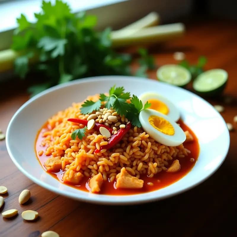Cuenco hondo de cerámica blanca con Sitaphao tailandés: arroz jazmín cocido en caldo especiado con trozos de pollo, jengibre, hojas de limón kaffir y decorado con cilantro fresco y rodajas de chile rojo. Fondo con textura de madera oscura y limón en trozos.