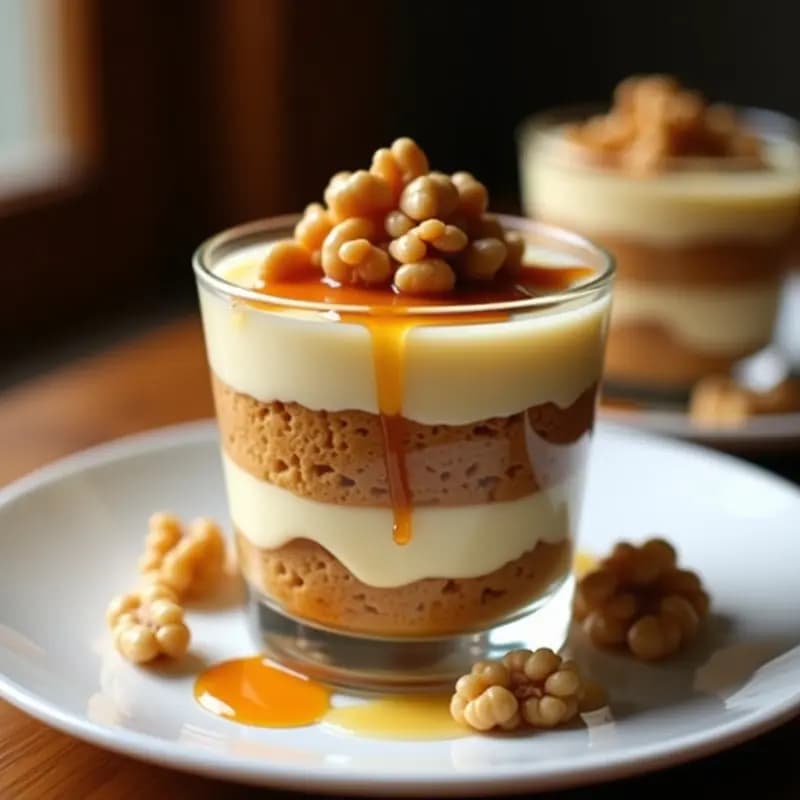 Smallowcovna de caramelo y nueces servida en copa de cristal transparente, mostrando capas de galleta triturada, caramelo dorado y nueces tostadas, postre eslovaco tradicional sin horno.
