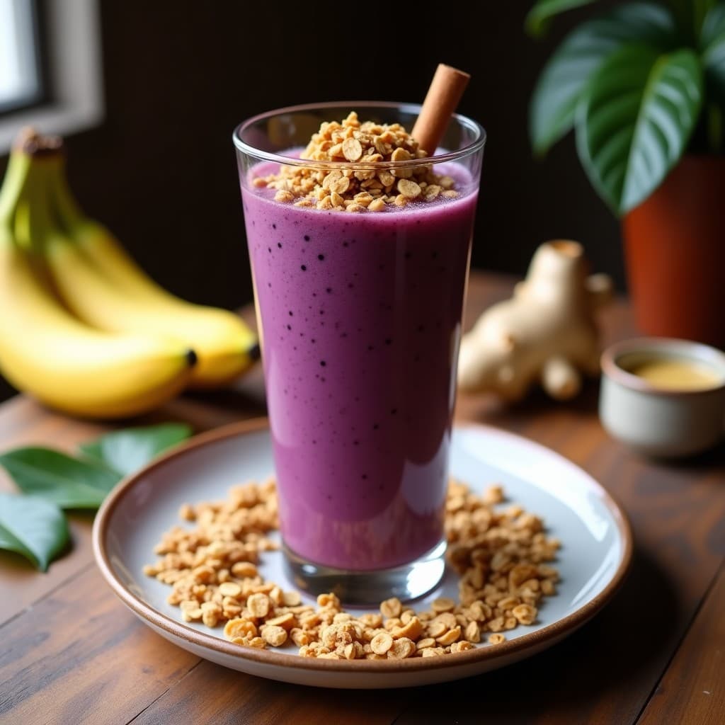 Vaso alto transparente con smoothie de açaí, banana y cacahuete con granola, decorado con semillas de chía y cacahuetes picados. Desayuno antioxidante brasileño en textura cremosa.