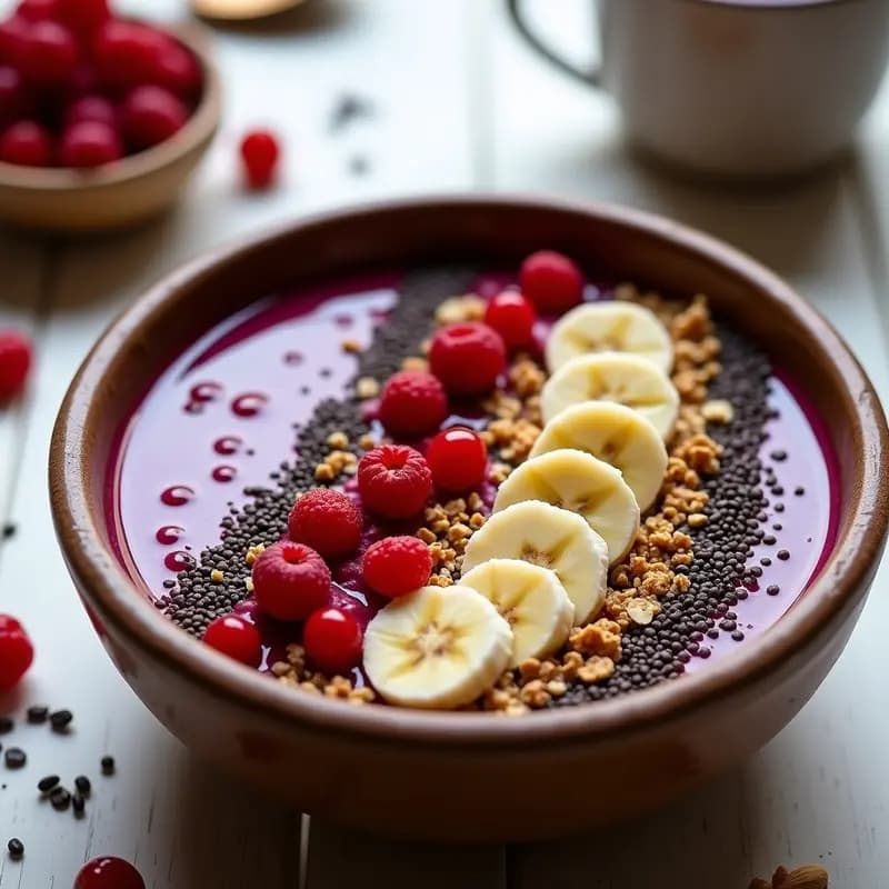 Bowl vibrante de Smoothie de Açaí y Bayas de Goji con Granola de Chía, decorado con semillas de chía, coco rallado y bayas de goji. Desayuno brasileño antioxidante en un plato de cerámica blanca sobre fondo de madera rústica.