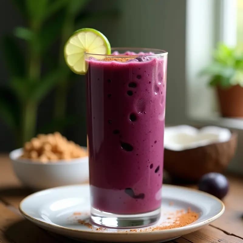 Vaso alto transparente con smoothie de açaí y guaraná, de color morado intenso, decorado con una pizca de canela en polvo y copos de coco tostados. Fondo con hojas de palma y frutas tropicales como naranjas sanguinas y rodajas de limón verde. Bebida brasileña energizante y antioxidante.