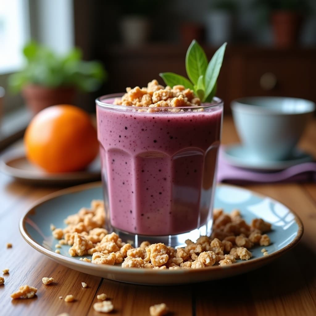 Vaso alto transparente con smoothie de açaí y guaraná de color morado intenso, coronado con granola de coco dorada, arándanos frescos y hojas de menta. Fondo de madera rústica y luz natural.