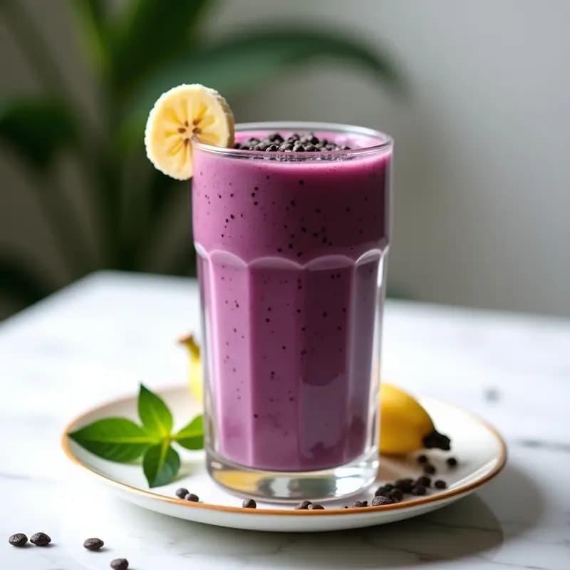 Vaso alto de cristal con smoothie de açaí y guaraná, color morado intenso, decorado con semillas de chía en la superficie y una rodaja de plátano al borde. Fondo blanco con detalles de hojas verdes, iluminación natural que resalta la textura cremosa de la bebida brasileña energética.