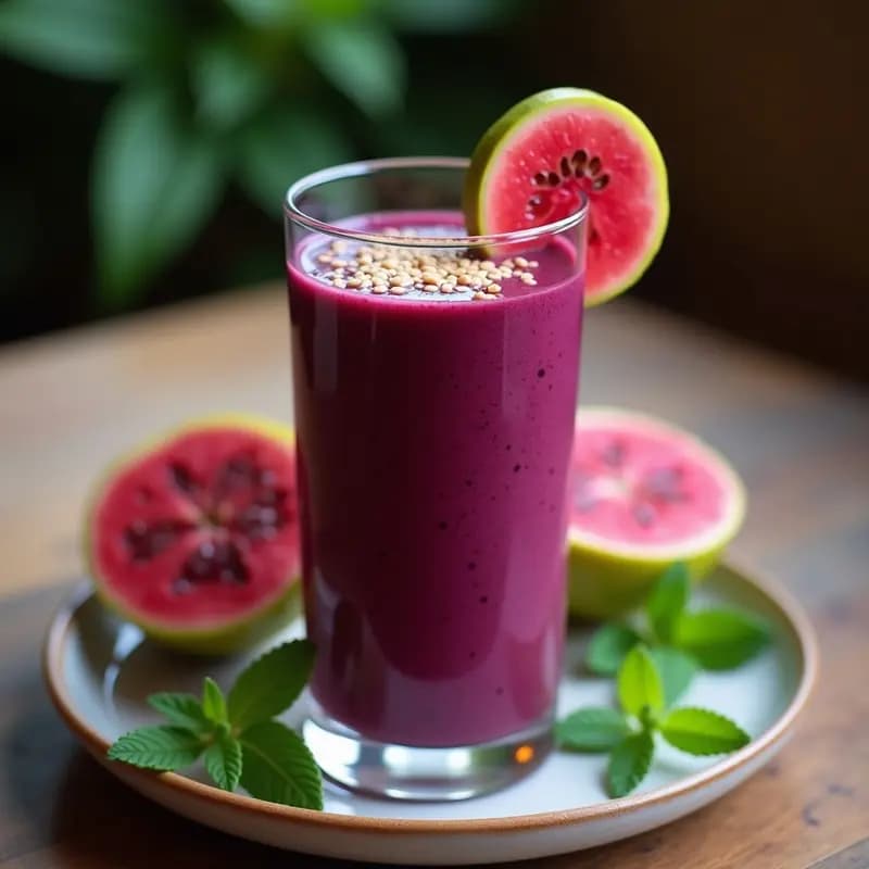 Vaso alto transparente con Smoothie de Açaí y Guayaba con Semillas de Sésamo, bebida brasileña antioxidante de color morado intenso, decorado con semillas de sésamo tostadas y una rodaja de guayaba al lado, sobre una mesa de madera con hojas de menta fresca.