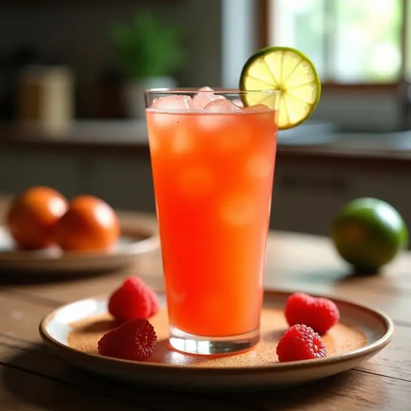 Vaso alto transparente con smoothie de acerola y guaraná, de color vibrante rojo-anaranjado, decorado con una rodaja de limón en el borde y cubitos de hielo flotando. Bebida brasileña energética sin azúcar con toque ácido.