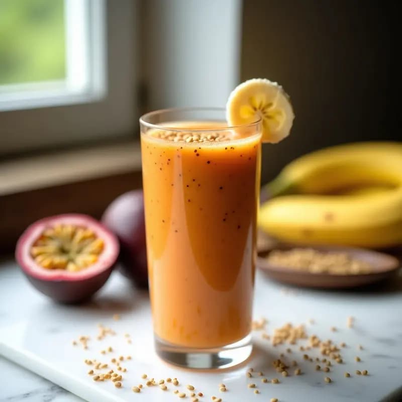 Vaso alto transparente con smoothie de acerola y maracuyá, de color naranja intenso, decorado con semillas de sacha inchi y una rodaja de plátano. Fondo blanco con gotas de agua que simulan frescura.