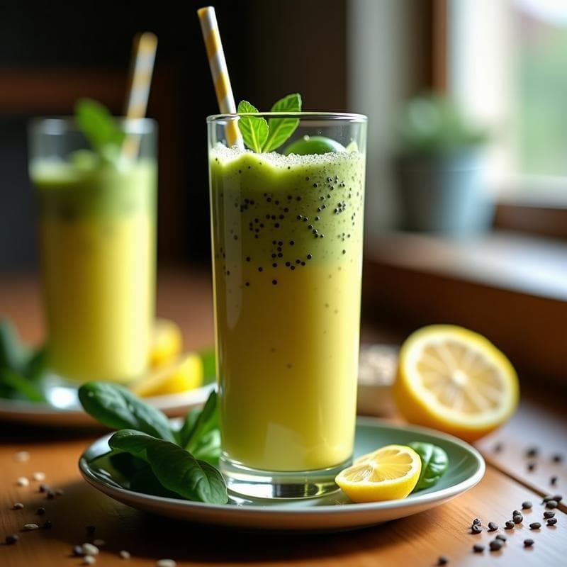 Vaso alto transparente con smoothie de aguaymanto y espinaca, color verde vibrante con tonos amarillos, decorado con semillas de chía y rodajas de aguaymanto fresco. Fondo de madera rústica con hojas de espinaca y un limón cortado.