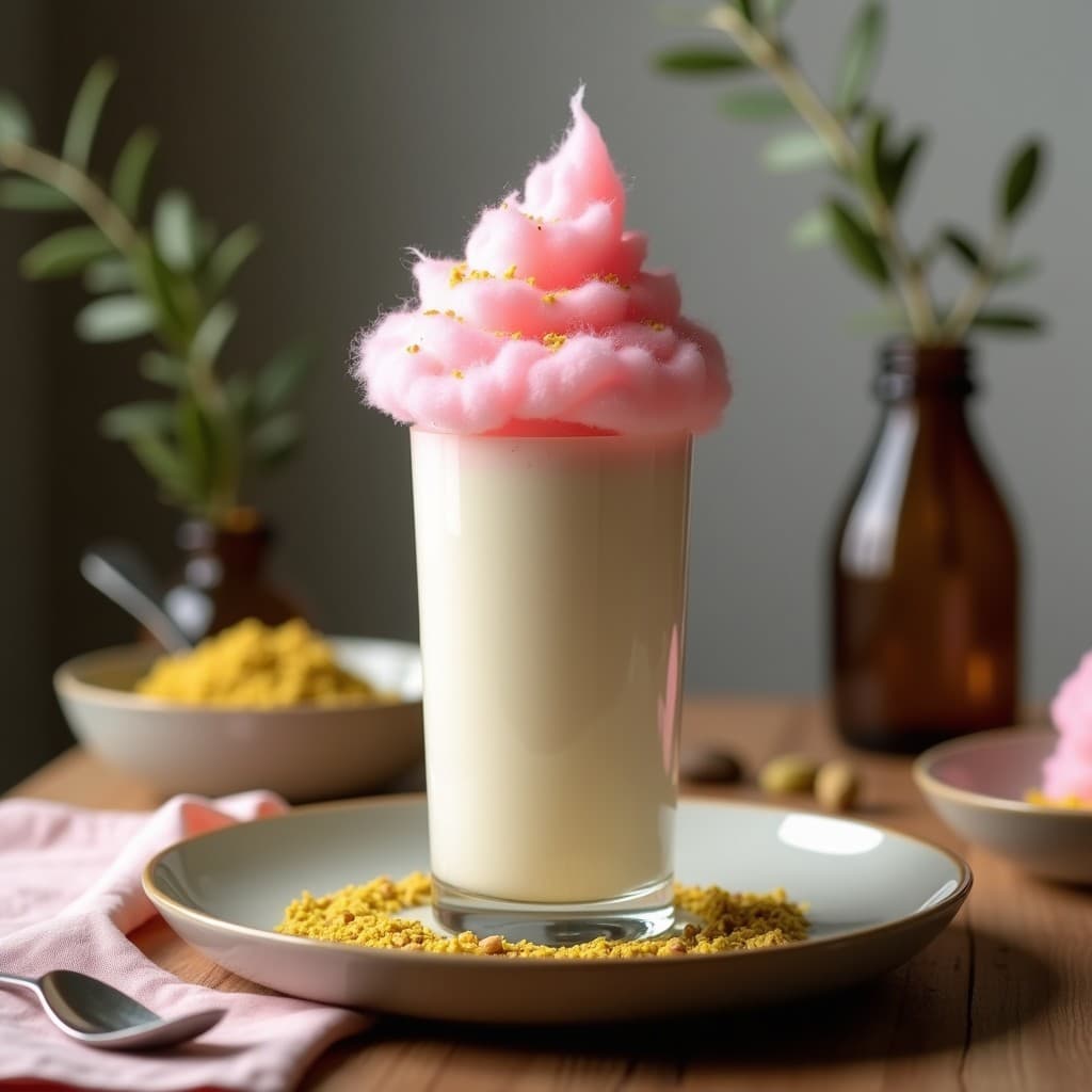 Vaso alto de cristal con smoothie cremoso de leche de oveja, coronado con algodón de azúcar esponjoso y pistachos picados, fondo rústico con detalles griegos.
