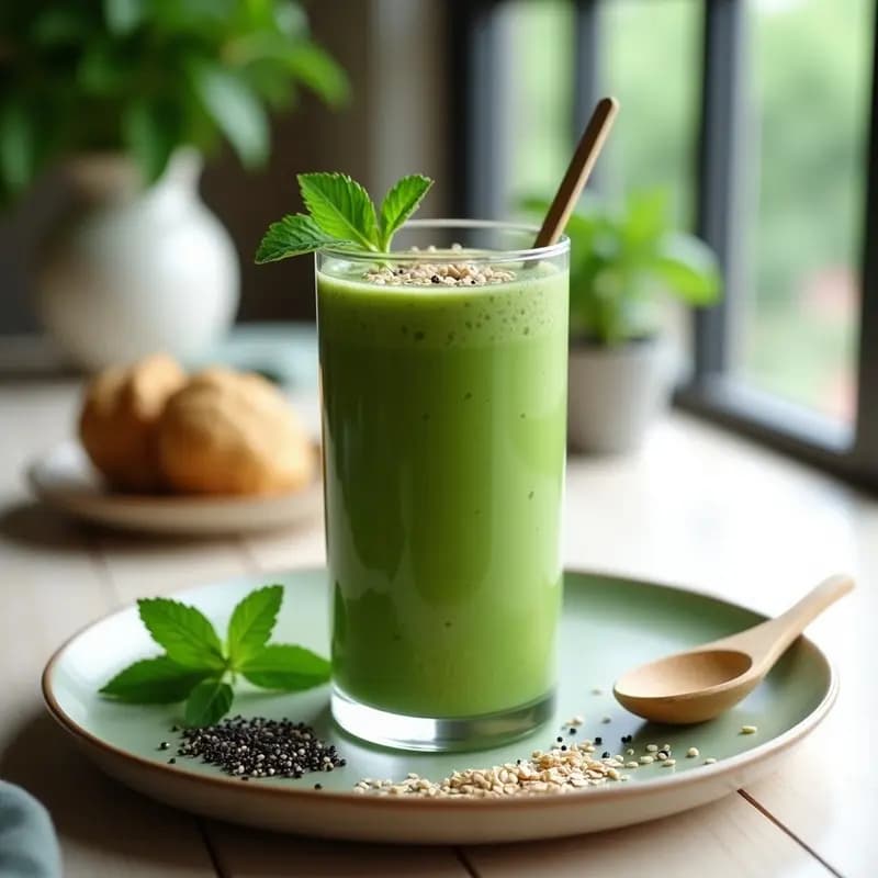 Vaso alto transparente con smoothie de avena y matcha de color verde vibrante, textura cremosa y decorado con una pizca de matcha en polvo en la superficie. Fondo con ingredientes como avena en copos, semillas de lino y una cucharilla de matcha. Bebida energizante japonesa para desayunar.