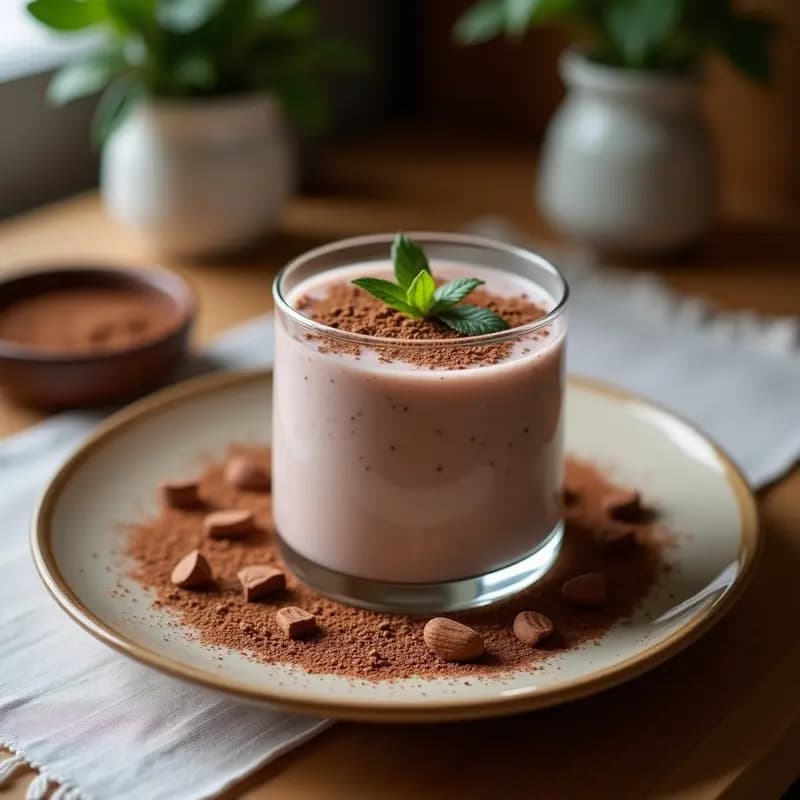 Vaso alto de cristal con smoothie de avenas, cacao y dátiles, de color marrón oscuro y textura cremosa, decorado con semillas de chía y cacao en polvo, sobre una mesa de madera con copos de avena y dátiles al fondo. Desayuno energético sin azúcar y keto.