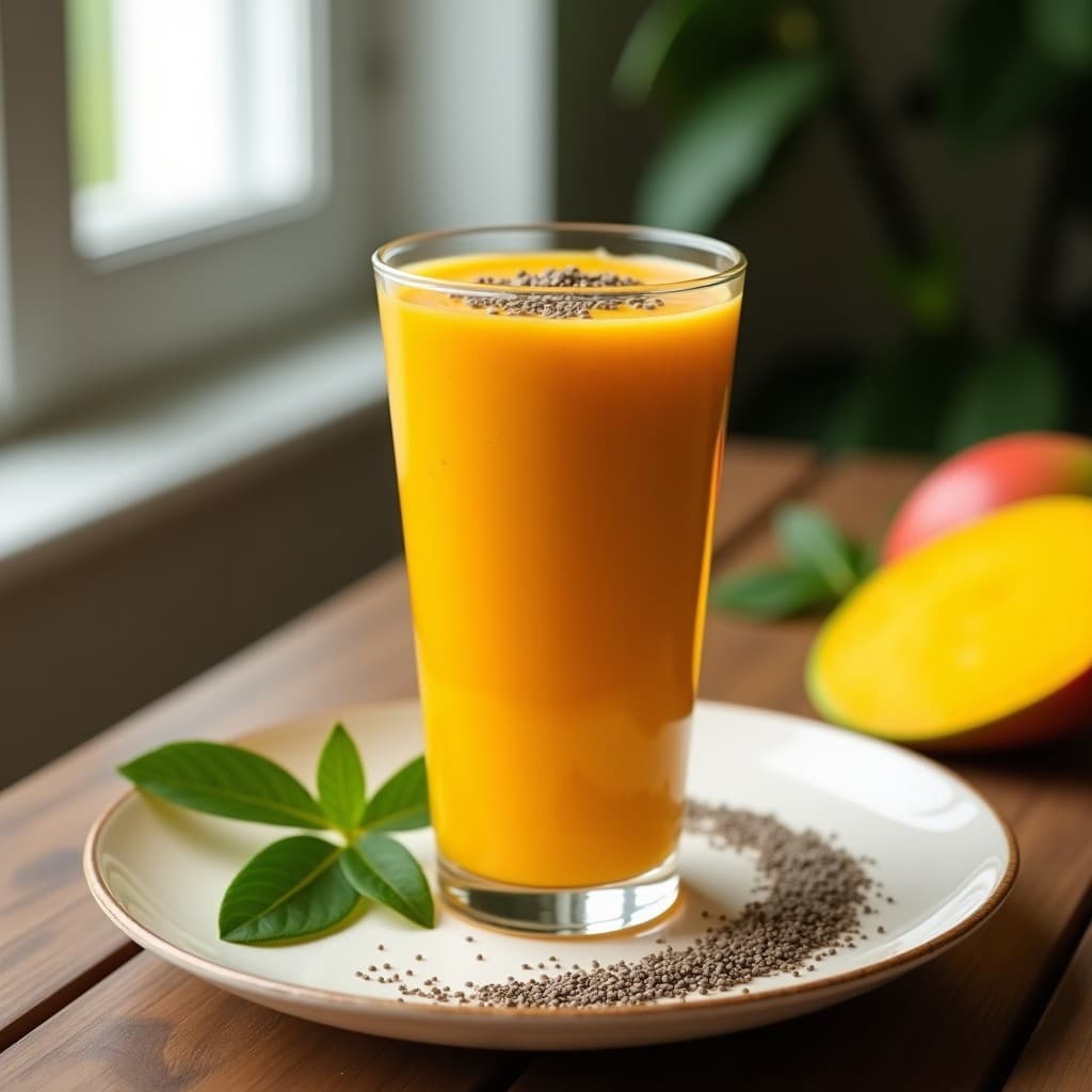 Vaso alto transparente con smoothie de baobab y mango, color naranja vibrante, decorado con semillas de chía y polvo de baobab, fondo con hojas de mango y luz natural.