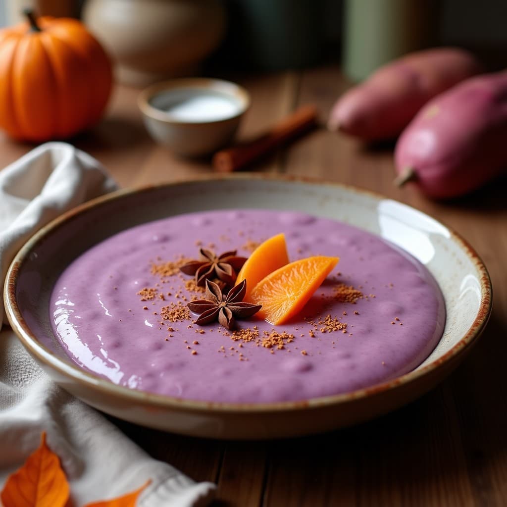 Vaso alto de cristal con smoothie violeta intenso de batata morada y leche de coco, coronado con especias pumpkin spice espolvoreadas y semillas de chía. Fondo con hojas de arce y una rodaja de manzana verde como decoración, iluminación cálida otoñal.