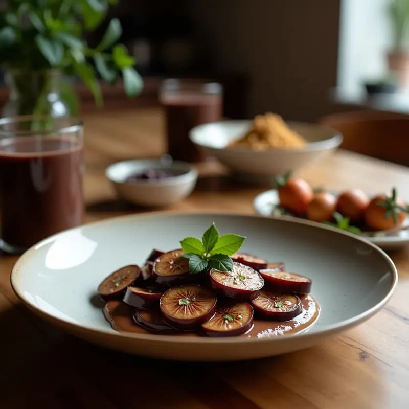 Vaso alto con smoothie de berenjena y chocolate vegano, cremoso y oscuro, decorado con semillas de chía y cacao en polvo, sobre una mesa de madera con ingredientes al fondo.