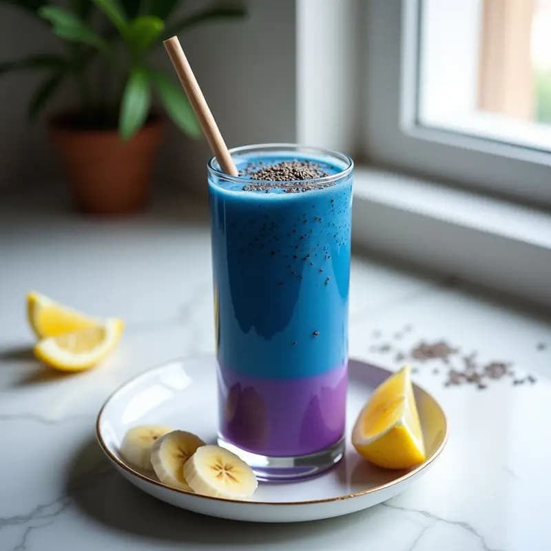 Vaso alto transparente con smoothie morado azul eléctrico de blue spirulina y banana, decorado con semillas de chía y una pajita de papel sobre fondo blanco. Bebida antioxidante y energizante lista para servir.