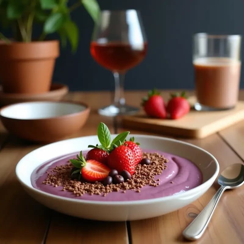 Smoothie bowl de açaí morado intenso en bol blanco, decorado con espiral de cacao en polvo, láminas doradas de plátano deshidratado en abanico, granola crujiente, semillas de chía, coco rallado, almendras fileteadas y frutos rojos frescos. Desayuno brasileño saludable y fotogénico.