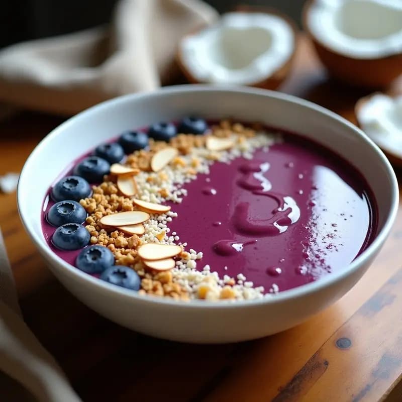 Smoothie bowl vibrante de açaí y guaraná en un bol blanco, decorado con granola, arándanos, coco rallado y almendras fileteadas, sobre una mesa de madera con fondo claro.